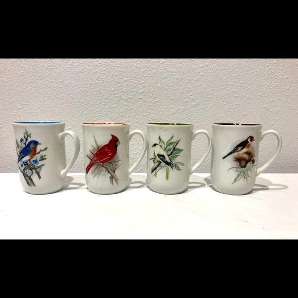 Vintage Ceramic Hand Painted Bird Mug Set (4)